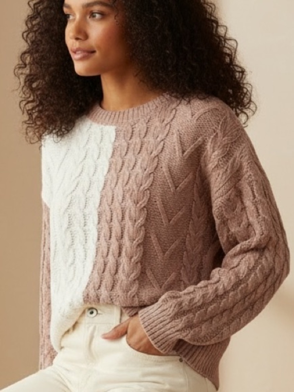 Soft & Cozy Boxy Chenille Two-Tone Cable Knit Sweater - Cream & Tan - size L